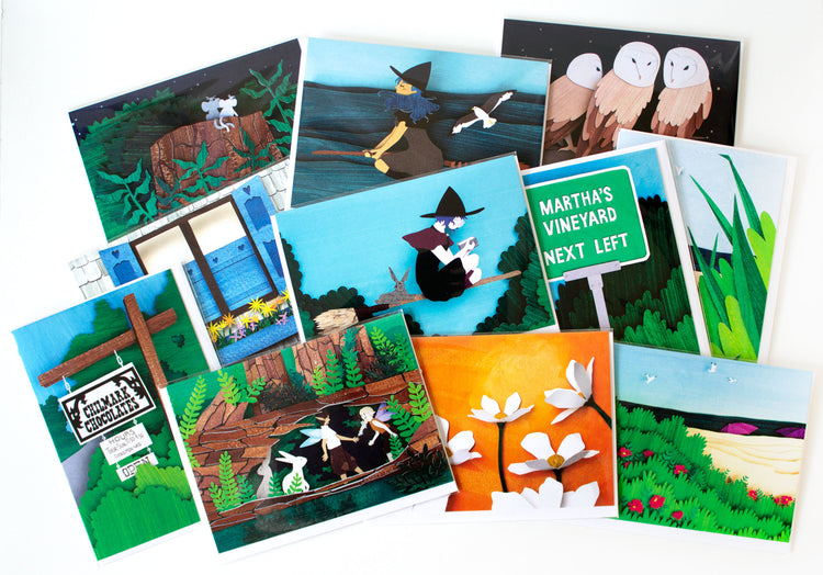 A group of several printed cards by Taylor Stone Illustration.