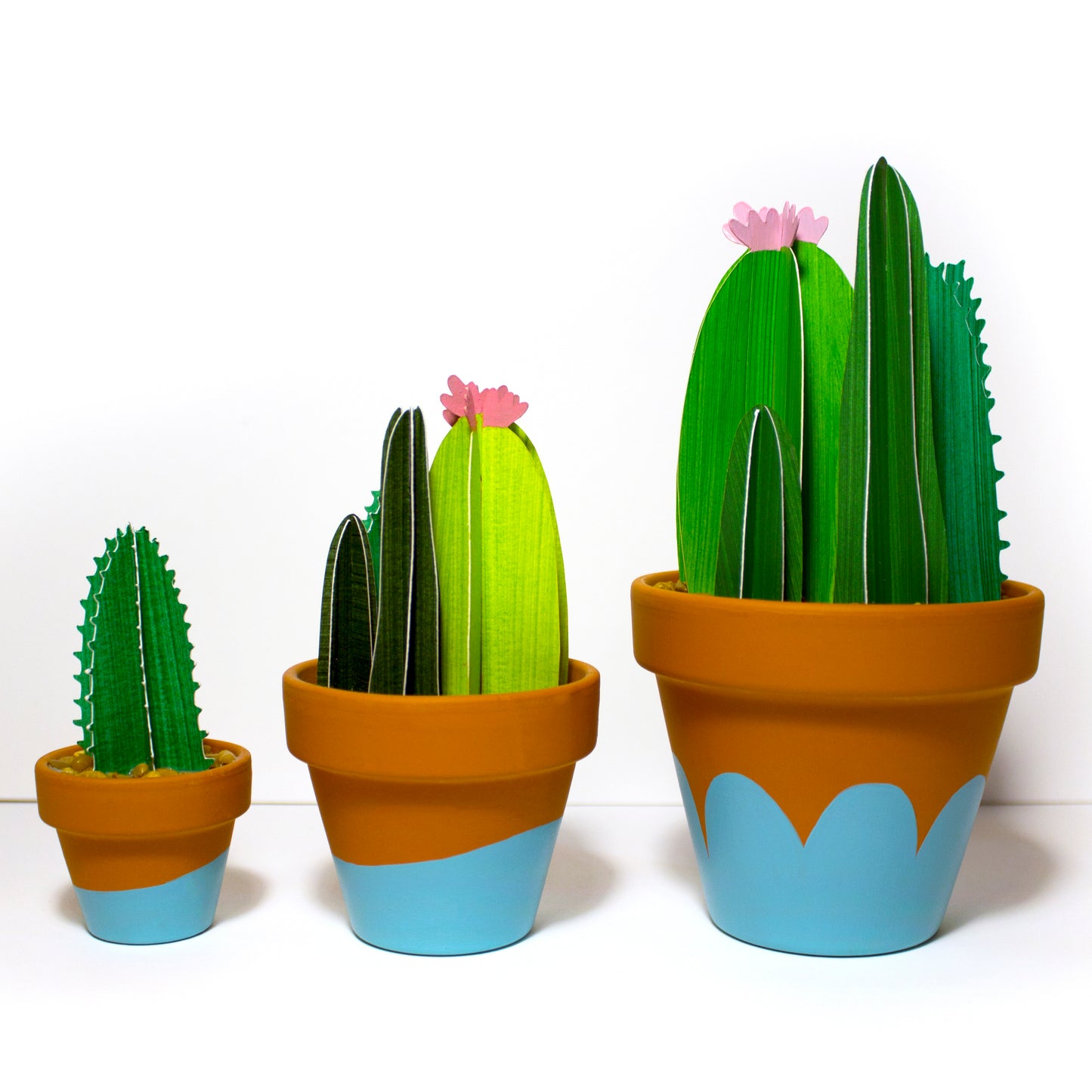 Cute 3D paper cacti in terracotta pots, showing small, medium, and large size options.