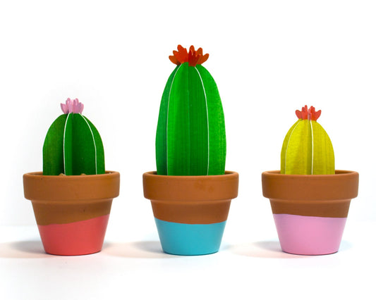 Trio of cute single 3D paper blooming cacti in teraotta pots.