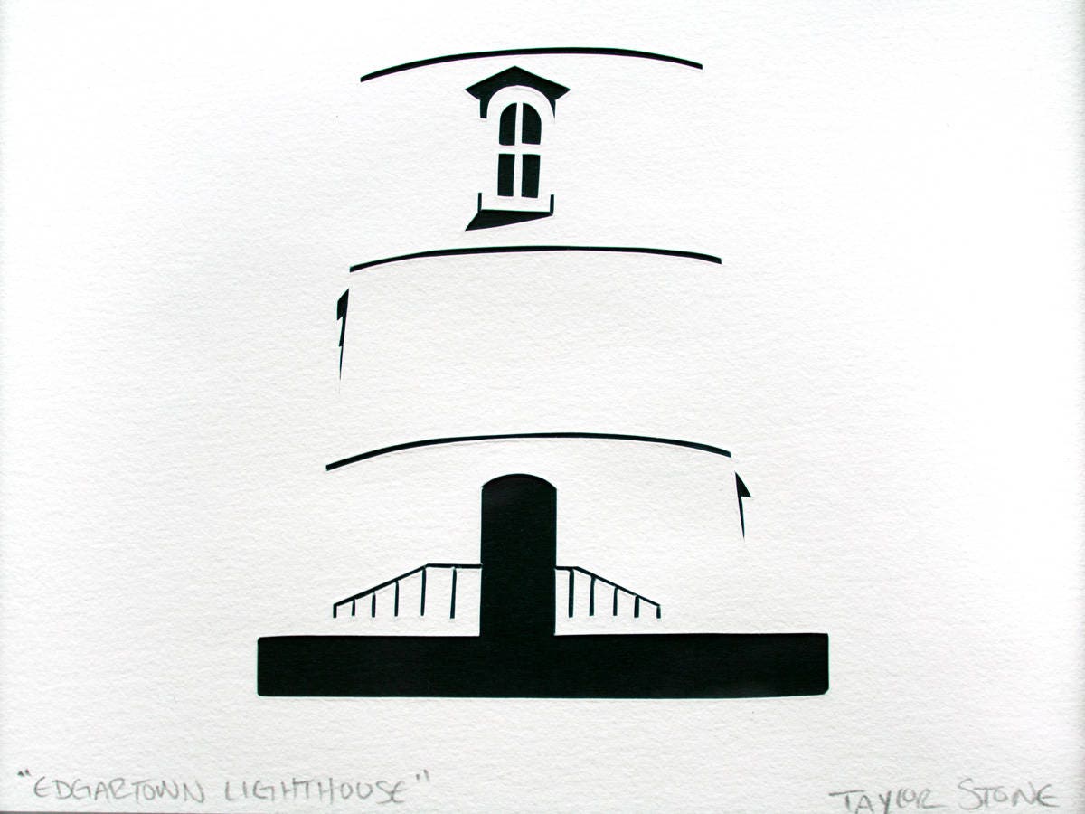 Framed simple black and white cut paper illustration of the Edgartown Light House on Martha's Vineyard