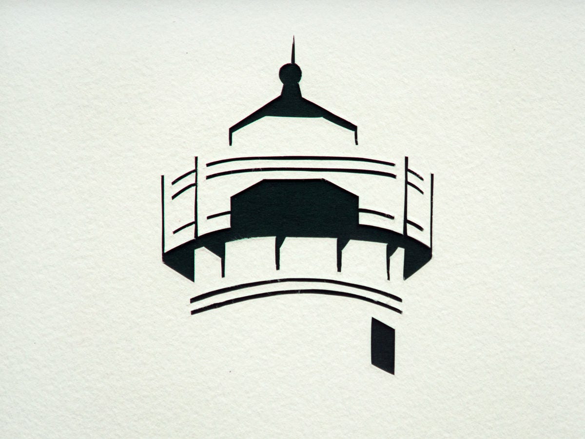 Framed simple black and white cut paper illustration of the West Chop Light House in Vineyard Haven, Martha's Vineyard.