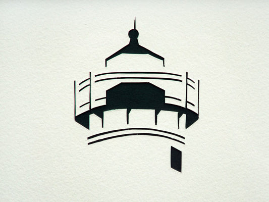 Framed simple black and white cut paper illustration of the West Chop Light House in Vineyard Haven, Martha's Vineyard.