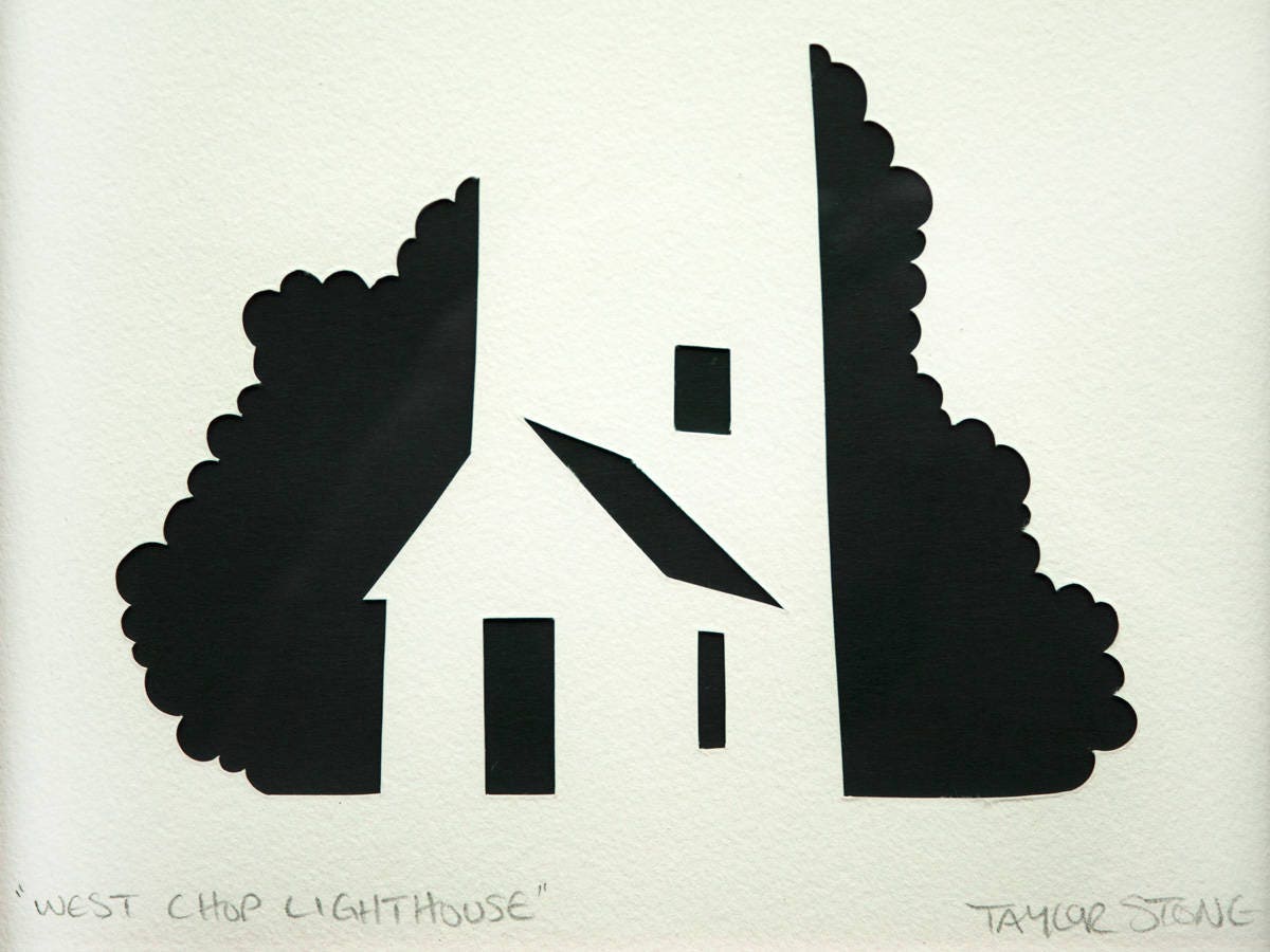 Framed simple black and white cut paper illustration of the West Chop Light House in Vineyard Haven, Martha's Vineyard.