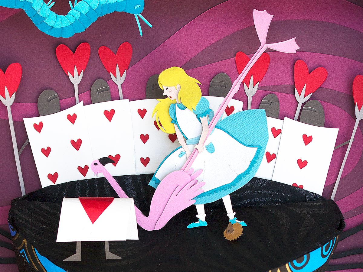 Original cut paper illustration inspired by Alice in Wonderland, showing details of Alice playing crique with a flamingo.  