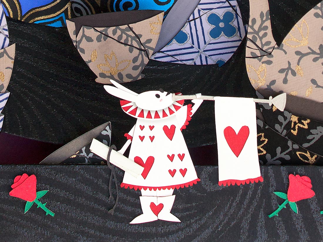 Original cut paper illustration inspired by Alice in Wonderland, showing the detail of the white rabbit blowing his trumpet.