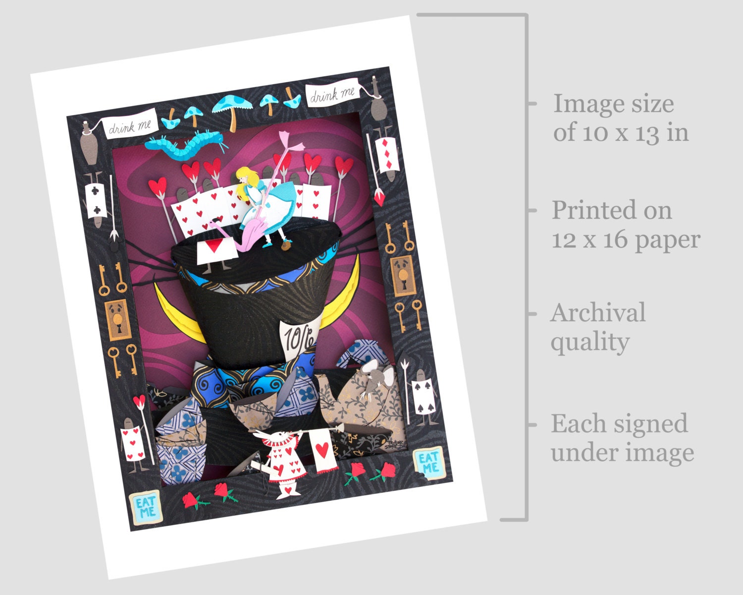 Archival print of cut paper illustration of a whimsical scene inspired by Alice in Wonderland.