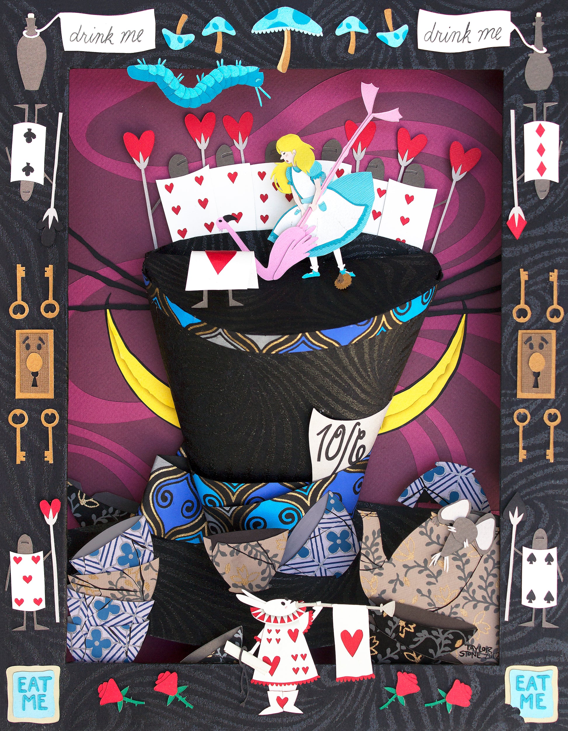 Original cut paper illustration inspired by Alice in Wonderland, featuring a whimsical scene of Alice, the white rabbit, and other characters from the story.