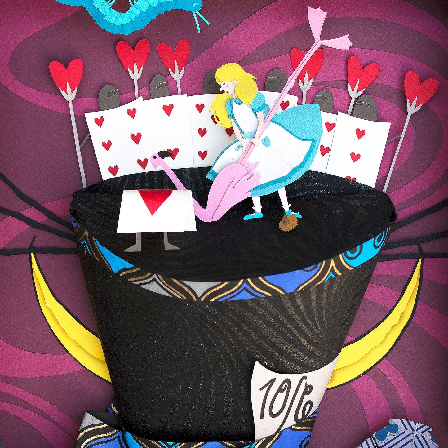 Original cut paper illustration inspired by Alice in Wonderland, featuring a whimsical scene of Alice, the white rabbit, and other characters from the story.