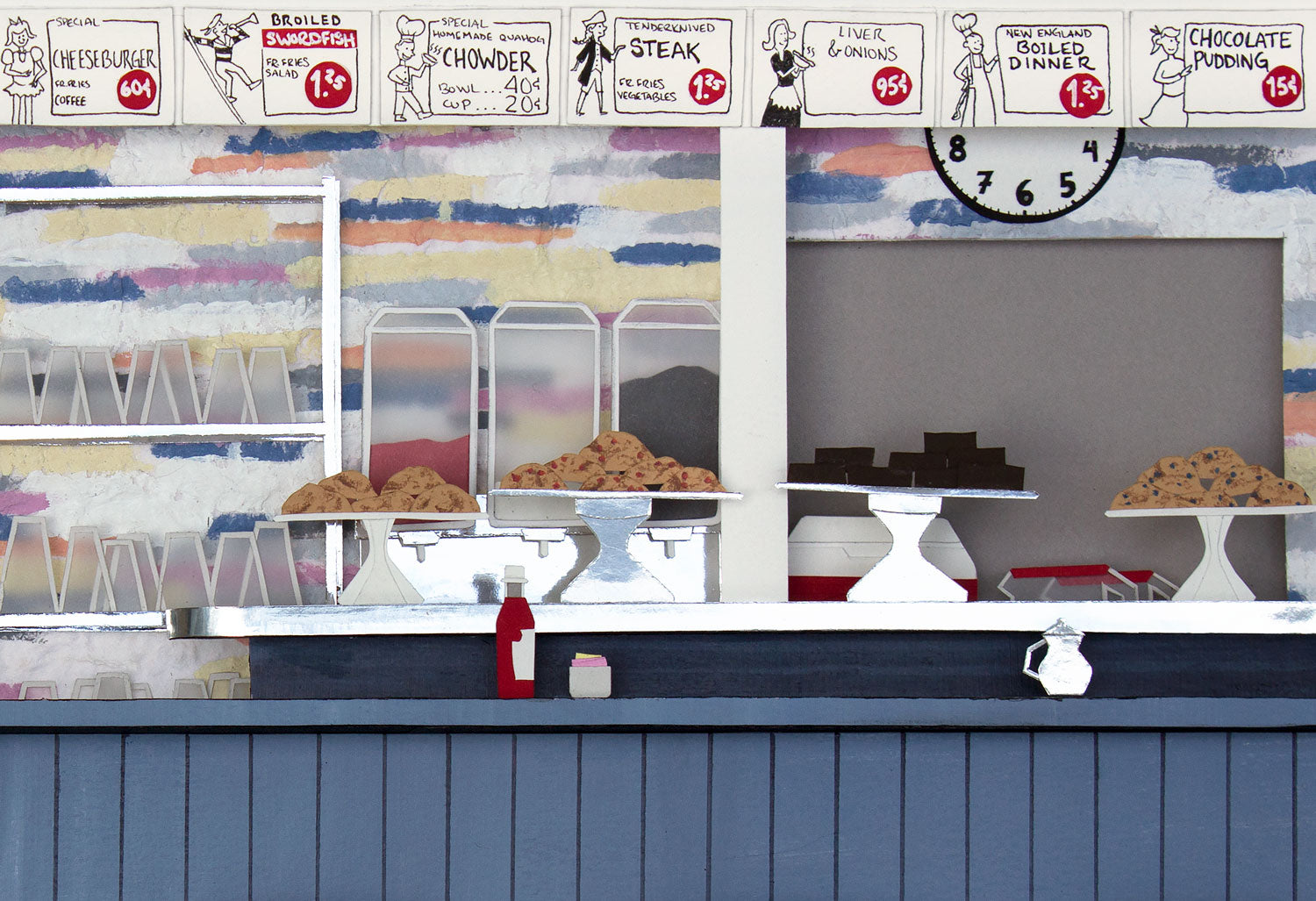 Archival print of cut paper illustration of the inside of the ArtCliff Diner on Martha's Vineyard, showing details of baked goods on the counter.