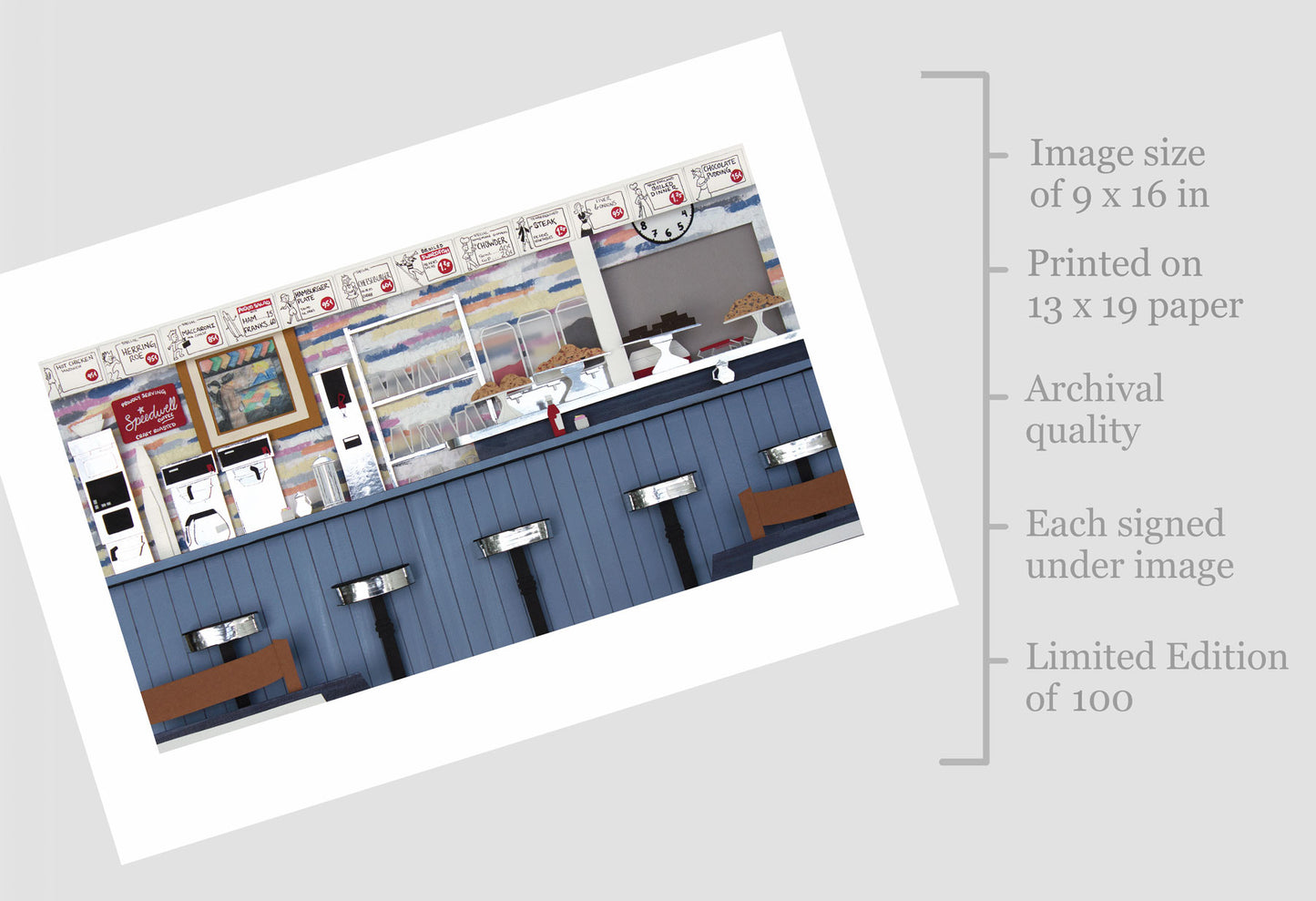 Archival print of cut paper illustration of the inside of the ArtCliff Diner on Martha's Vineyard.