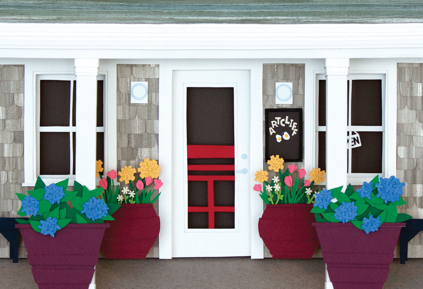 Archival print of cut paper illustration on the ArtCliff Diner on Martha's Vineyard, showing the details of the front entry with flower pots.