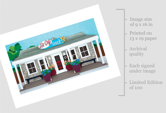 Archival print of cut paper illustration on the ArtCliff Diner on Martha's Vineyard