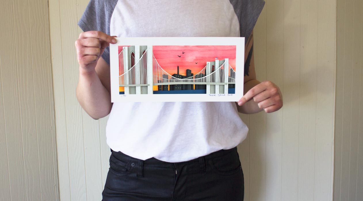 Archival print of cut paper illustration of the Brooklyn Bridge with Sunset.