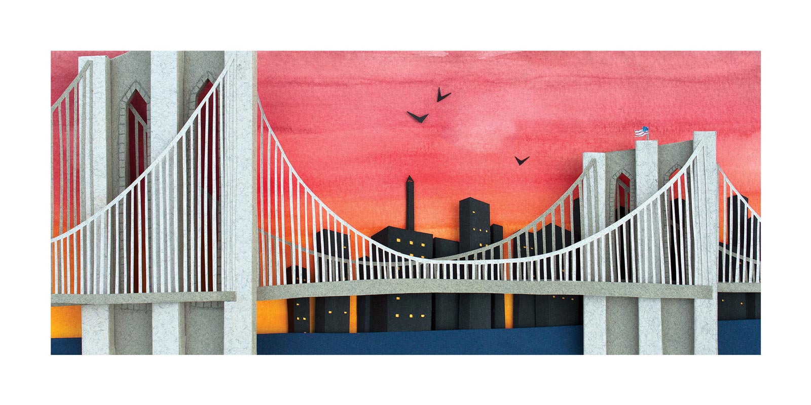 Archival print of cut paper illustration of the Brooklyn Bridge with Sunset.