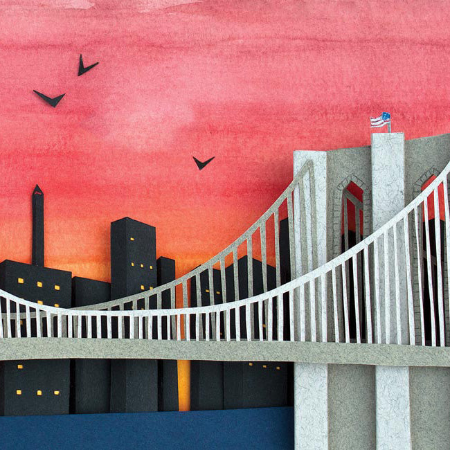 Archival print of cut paper illustration of the Brooklyn Bridge with Sunset.