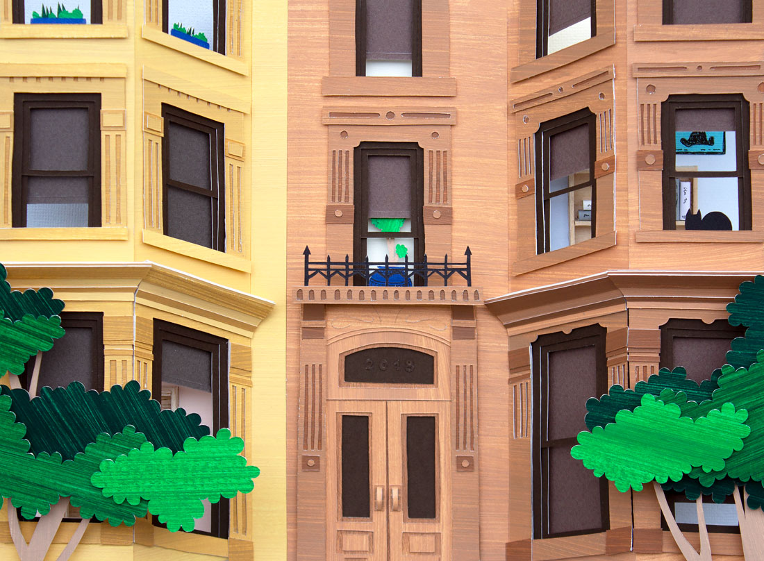 Archival print of cut paper illustration of two cute brownstone buildings.