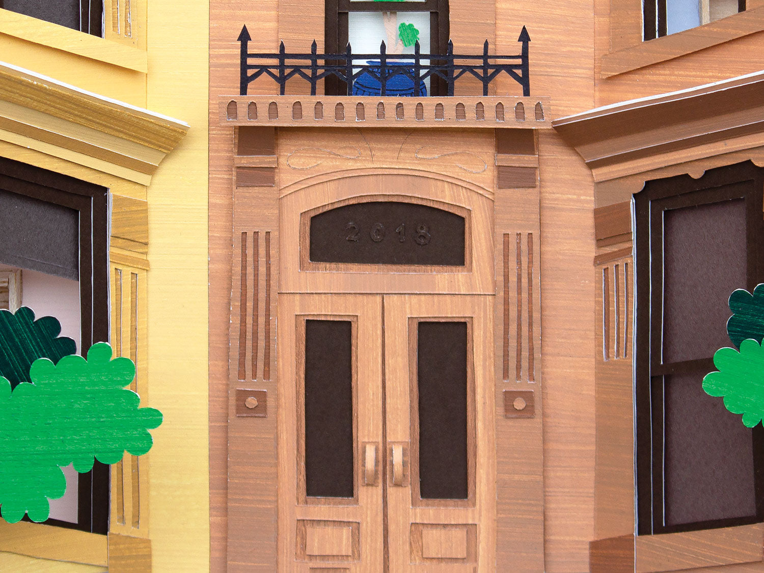 Archival print of cut paper illustration of two cute brownstone buildings.