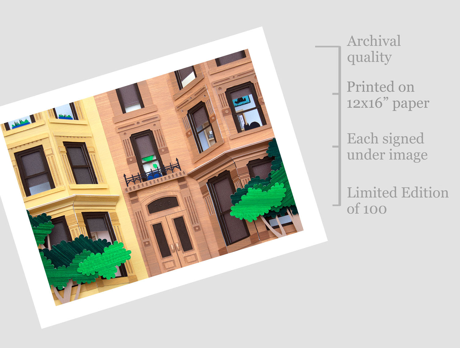 Archival print of cut paper illustration of two cute brownstone buildings.