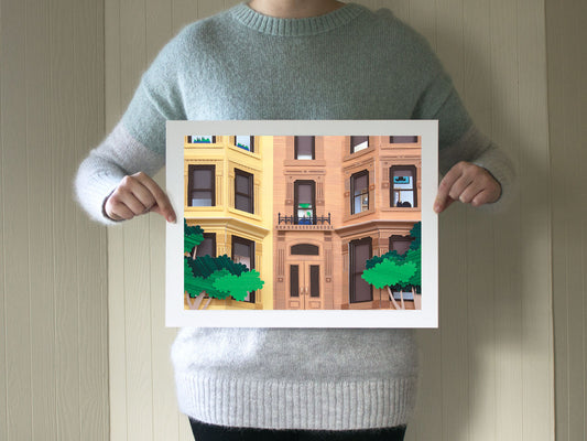 Archival print of cut paper illustration of two cute brownstone buildings.