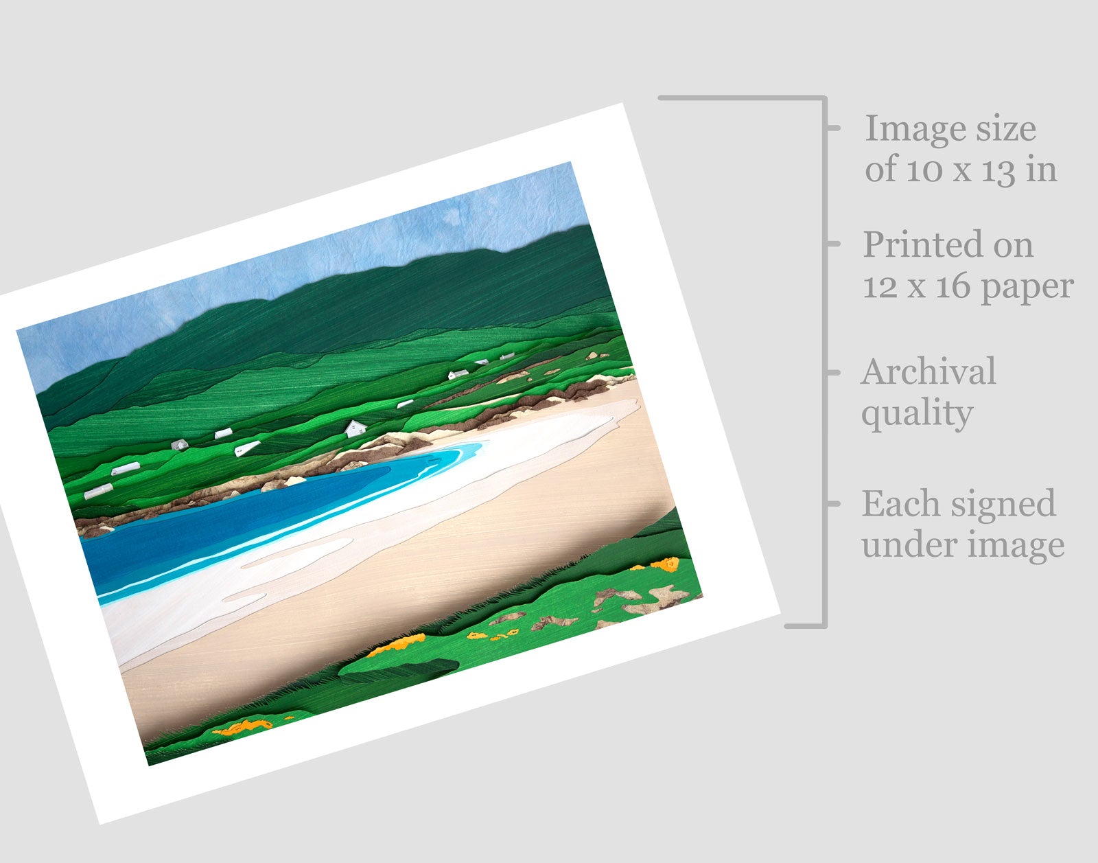 Archival print of cut paper illustration of Gurteen Beach at Dog's Bay, Ireland.