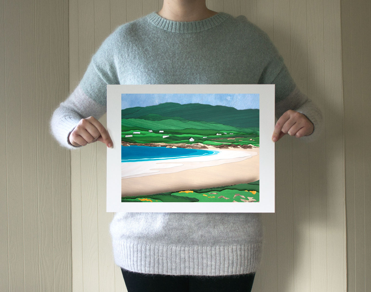 Archival print of cut paper illustration of Gurteen Beach at Dog's Bay, Ireland.