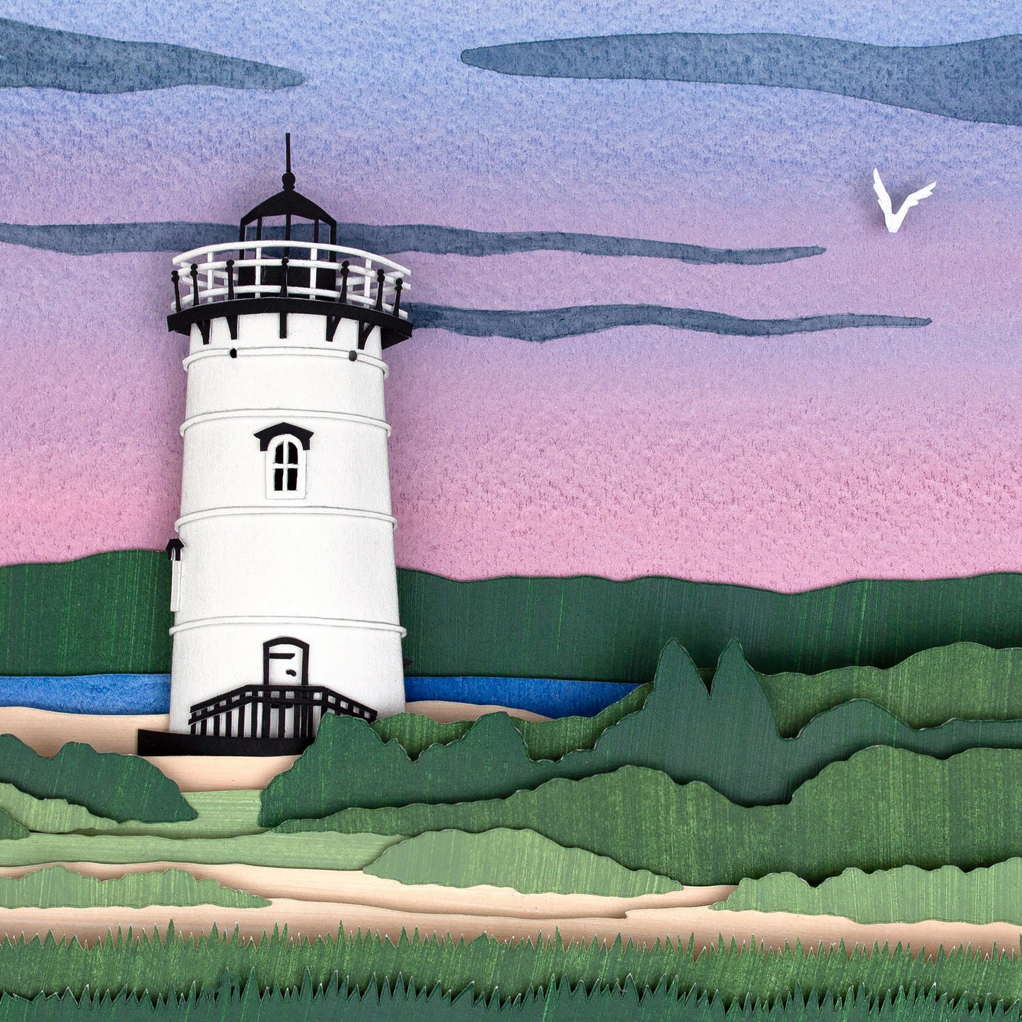 Archival print of cut paper illustration of the Edgartown Lighthouse at sunset on Martha's Vineyard.