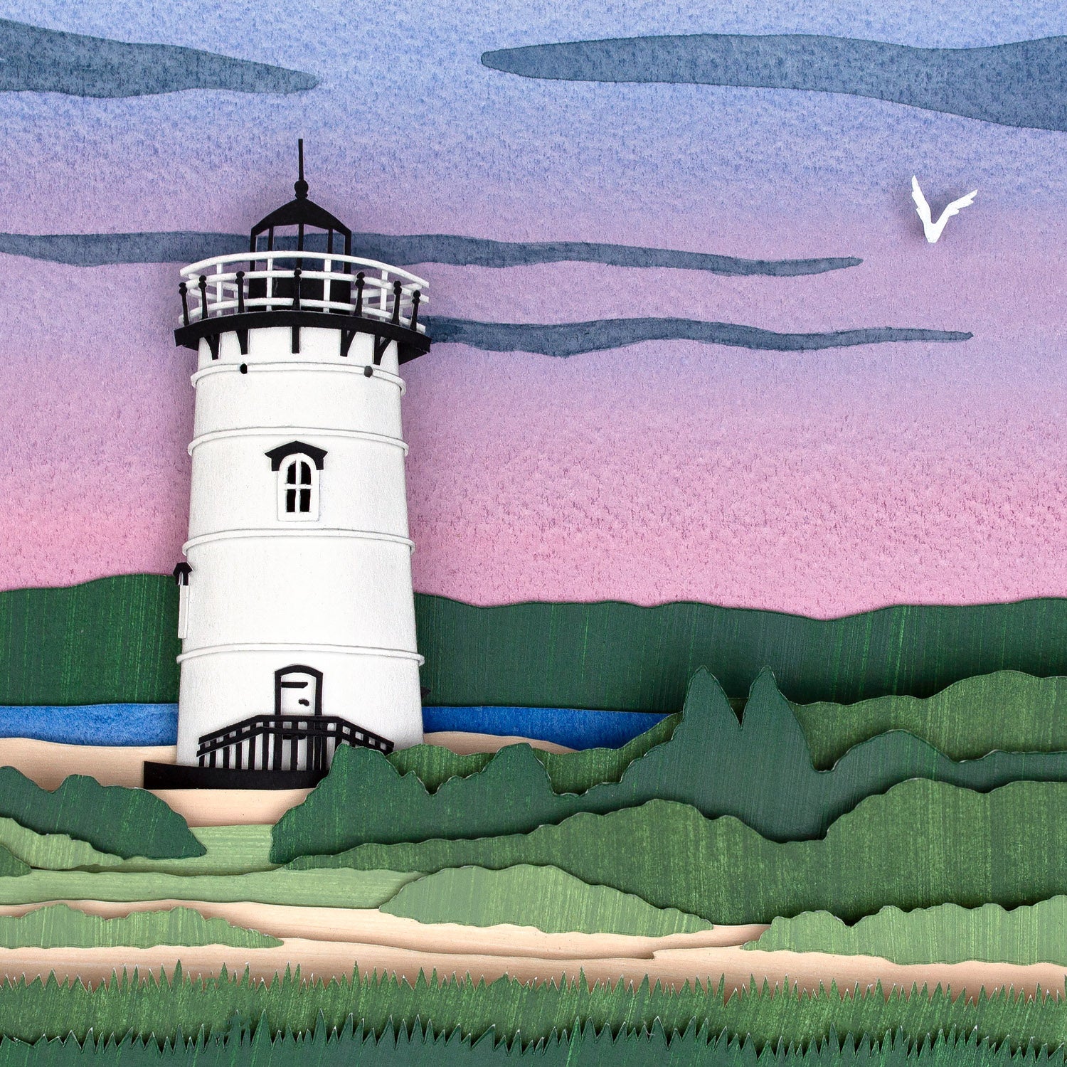 Archival print of cut paper illustration of the Edgartown Lighthouse at sunset on Martha's Vineyard.