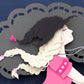 Archival print of cut paper illustration of cute witch in pink dress flying on broomstick with black cat.
