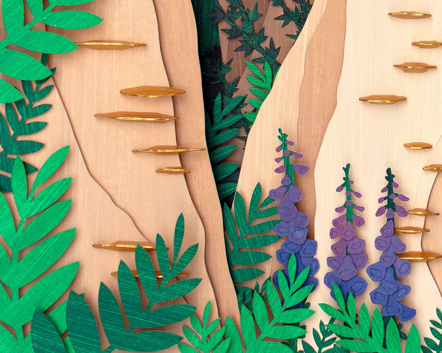 Archival print of cut paper illustration of cute whimsical forrest scene, showing details of foliage and flowers.