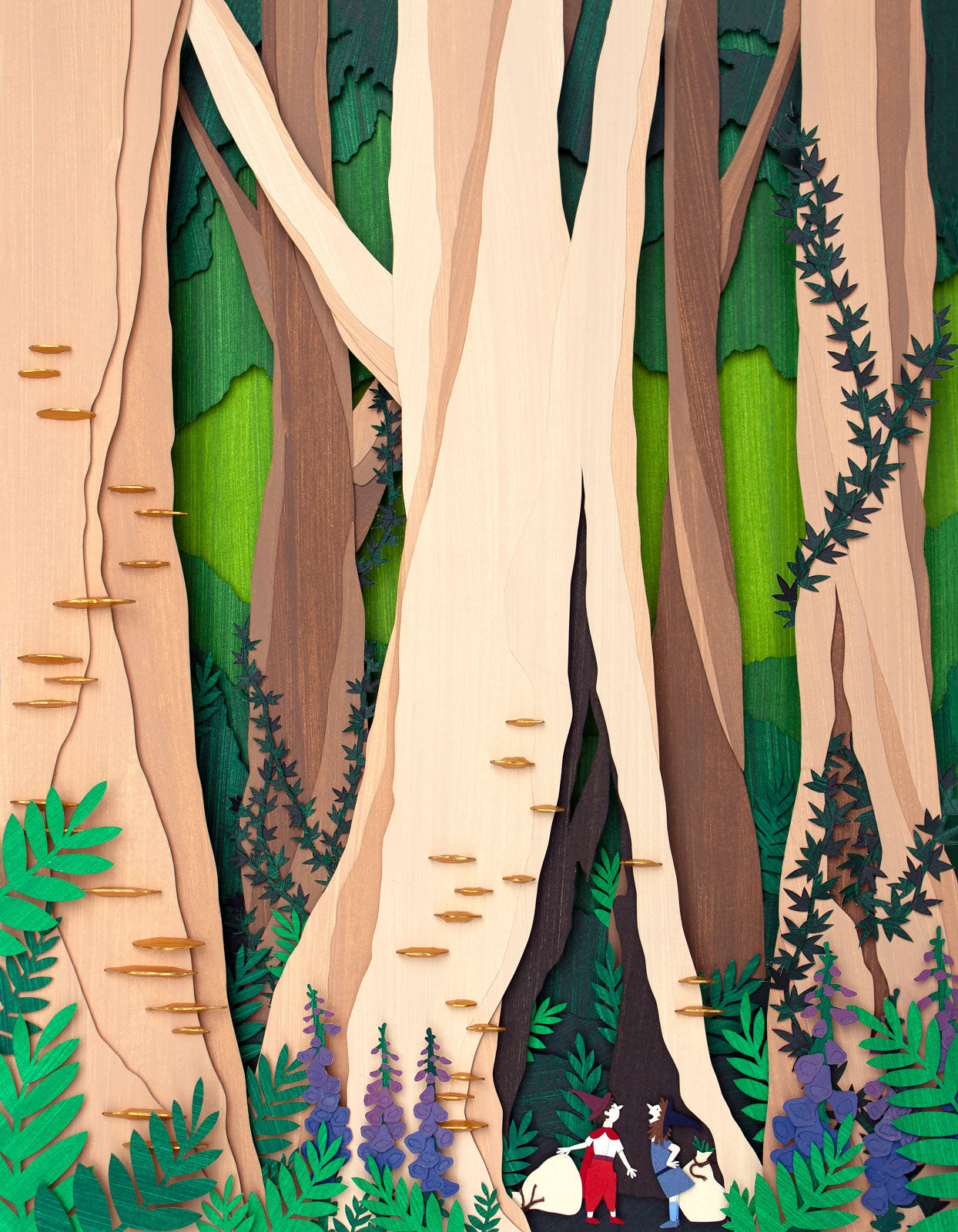 Archival print of cut paper illustration of cute whimsical forrest scene with two foragers featured at the bottom.