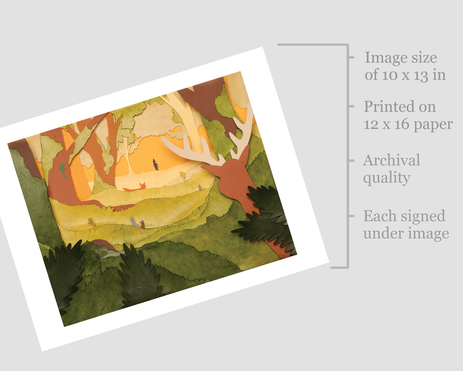 Archival print of cut paper illustration of cute whimsical forest scene with deer, fox, and bunnies.