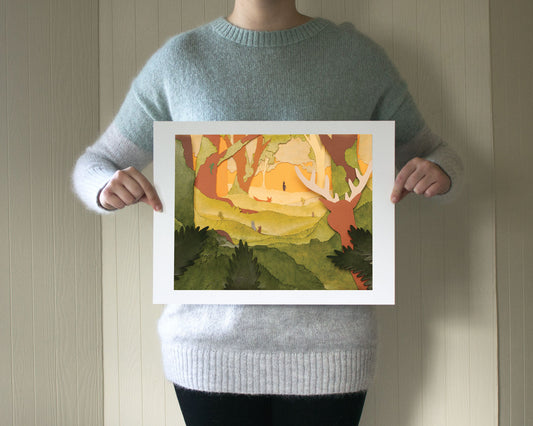 Archival print of cut paper illustration of cute whimsical forest scene with deer, fox, and bunnies.