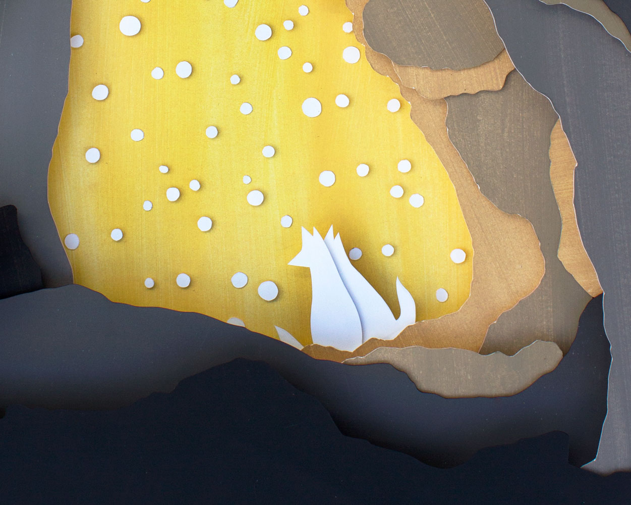 Archival print of cut paper illustration of cute scene with two foxes cuddling in a backlit snowy cave.