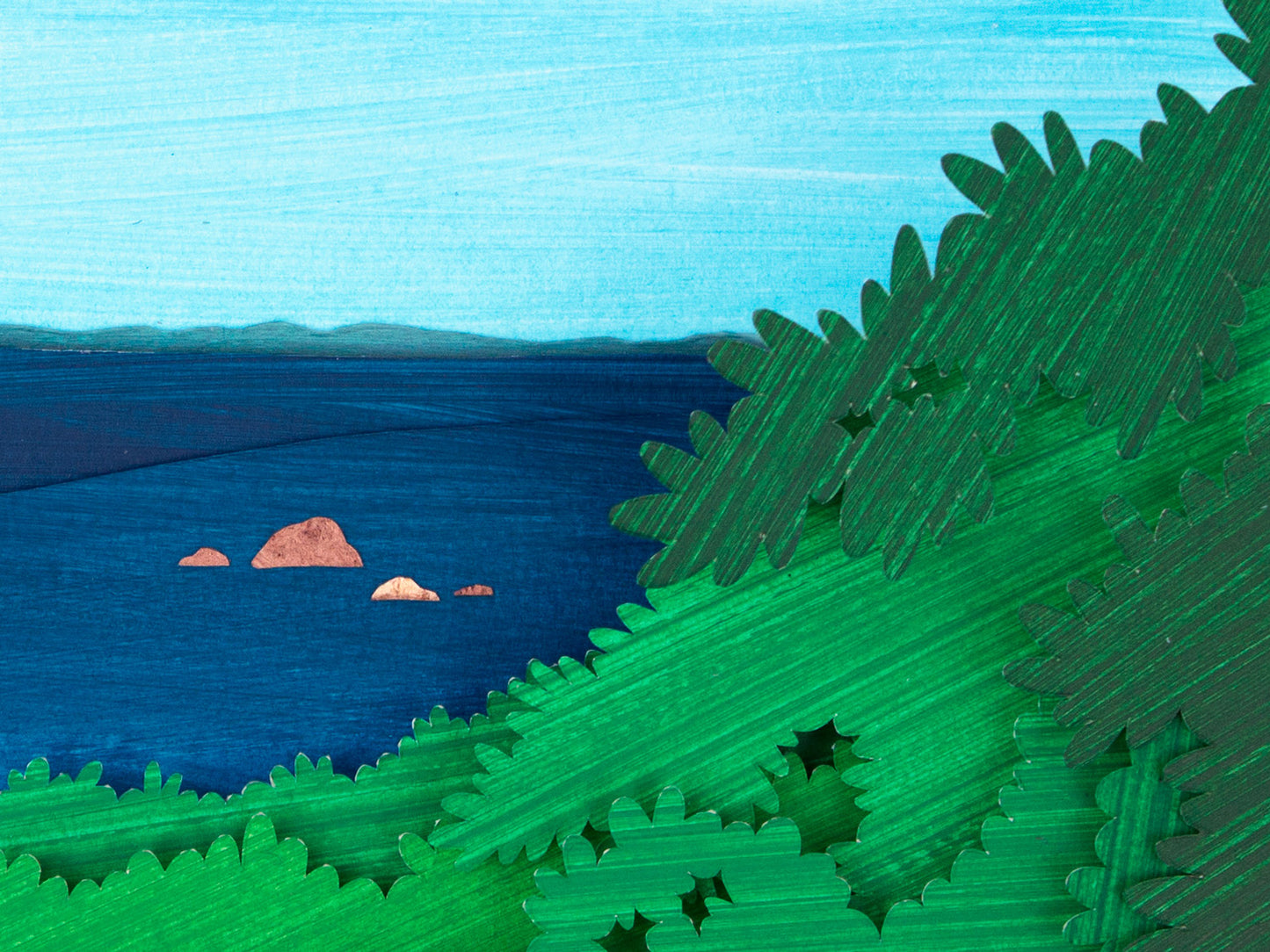 Closeup of cut paper illustration showing Great Rock Bight in the distance.