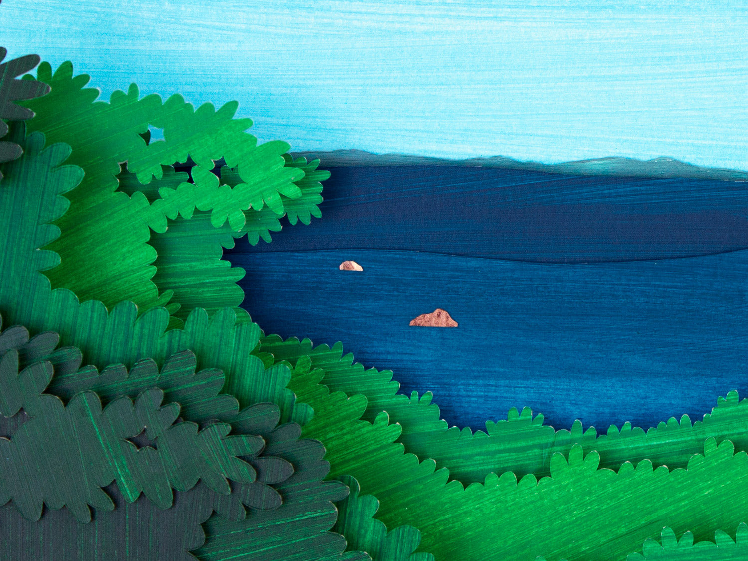 Archival print of cut paper illustration of Great Rock Bight beach on Martha's Vineyard.