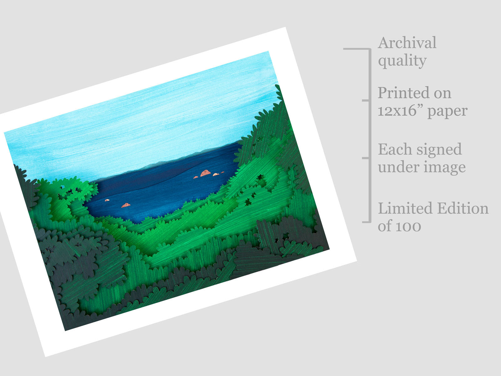Archival print of cut paper illustration of Great Rock Bight beach on Martha's Vineyard.