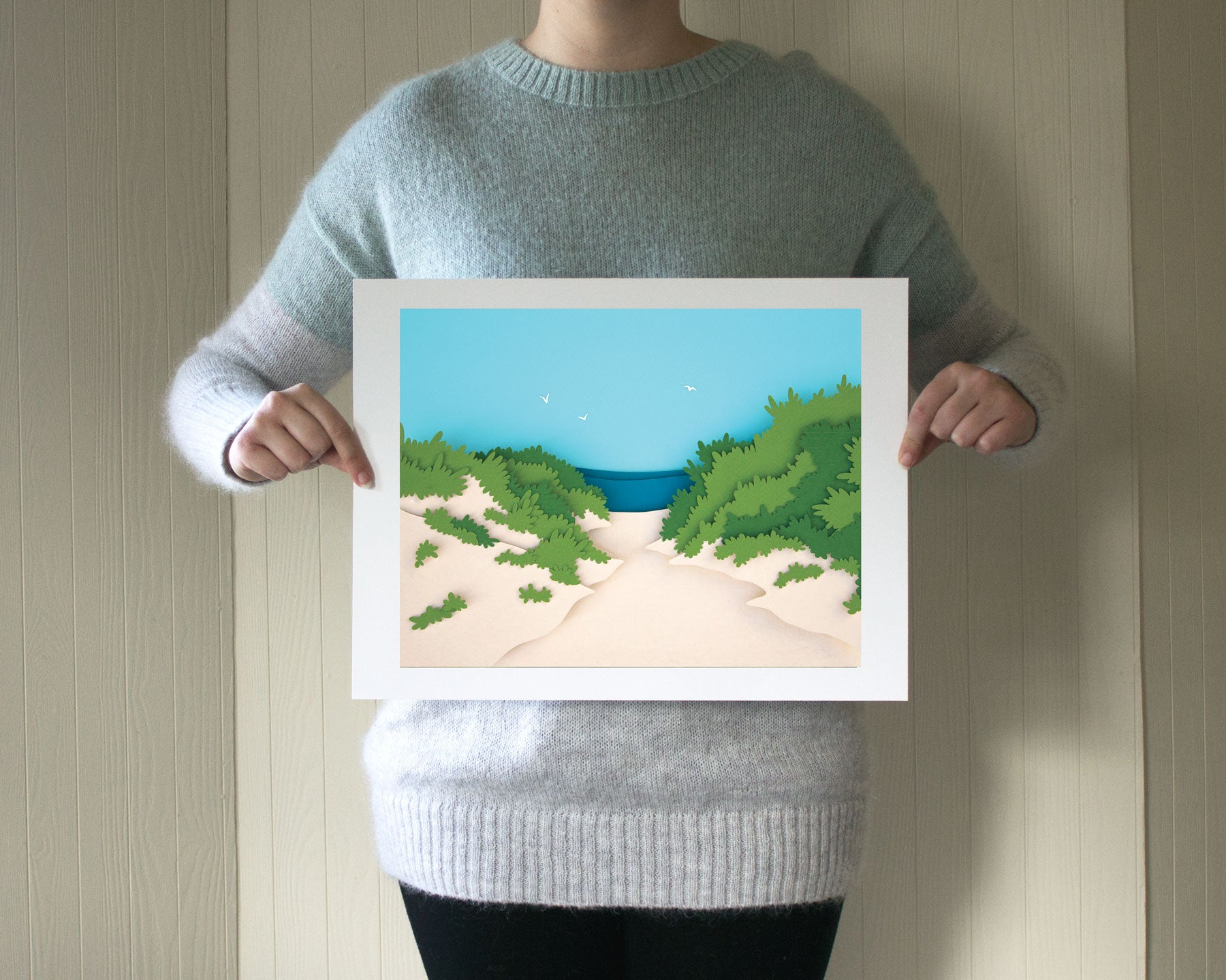 Archival print of cut paper illustration of Lambert's Cove Beach on Martha's Vineyard.