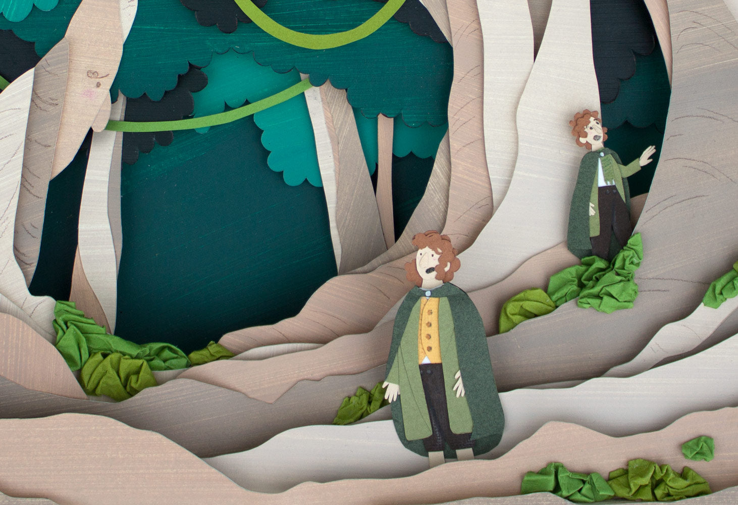Archival print of cut paper illustration of a Lord of The Rings inspired forrest scene