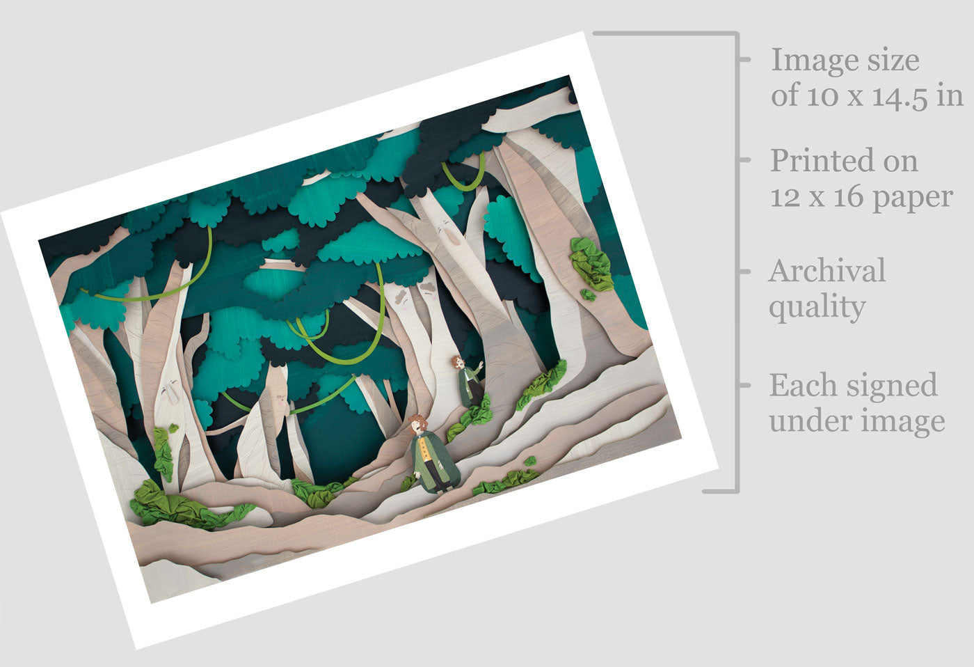 Archival print of cut paper illustration of a Lord of The Rings inspired forrest scene