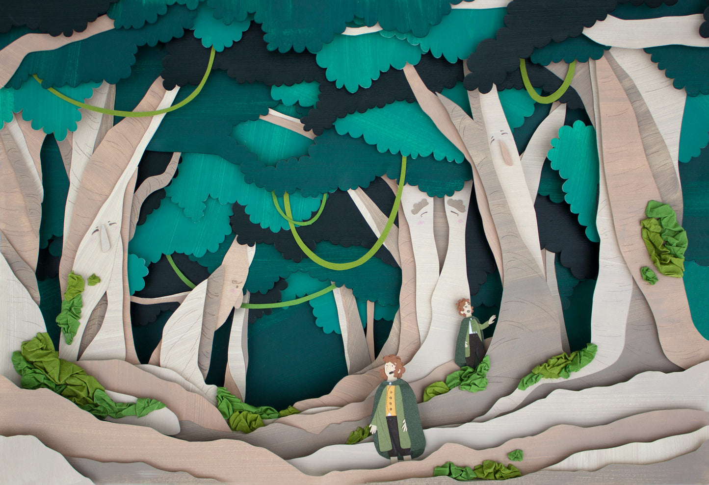 Archival print of cut paper illustration of a Lord of The Rings inspired forrest scene