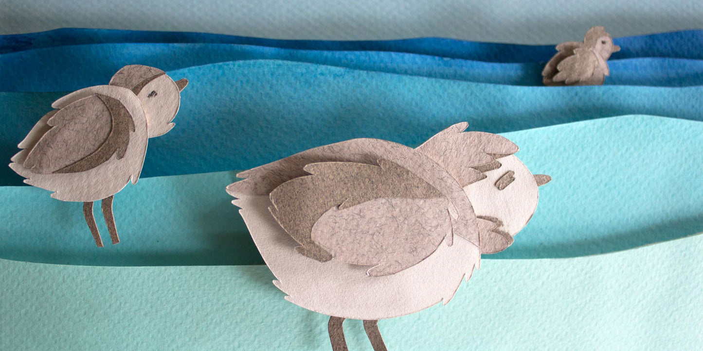 Archival print of cut paper illustration of cute piping plover birds in the ocean.