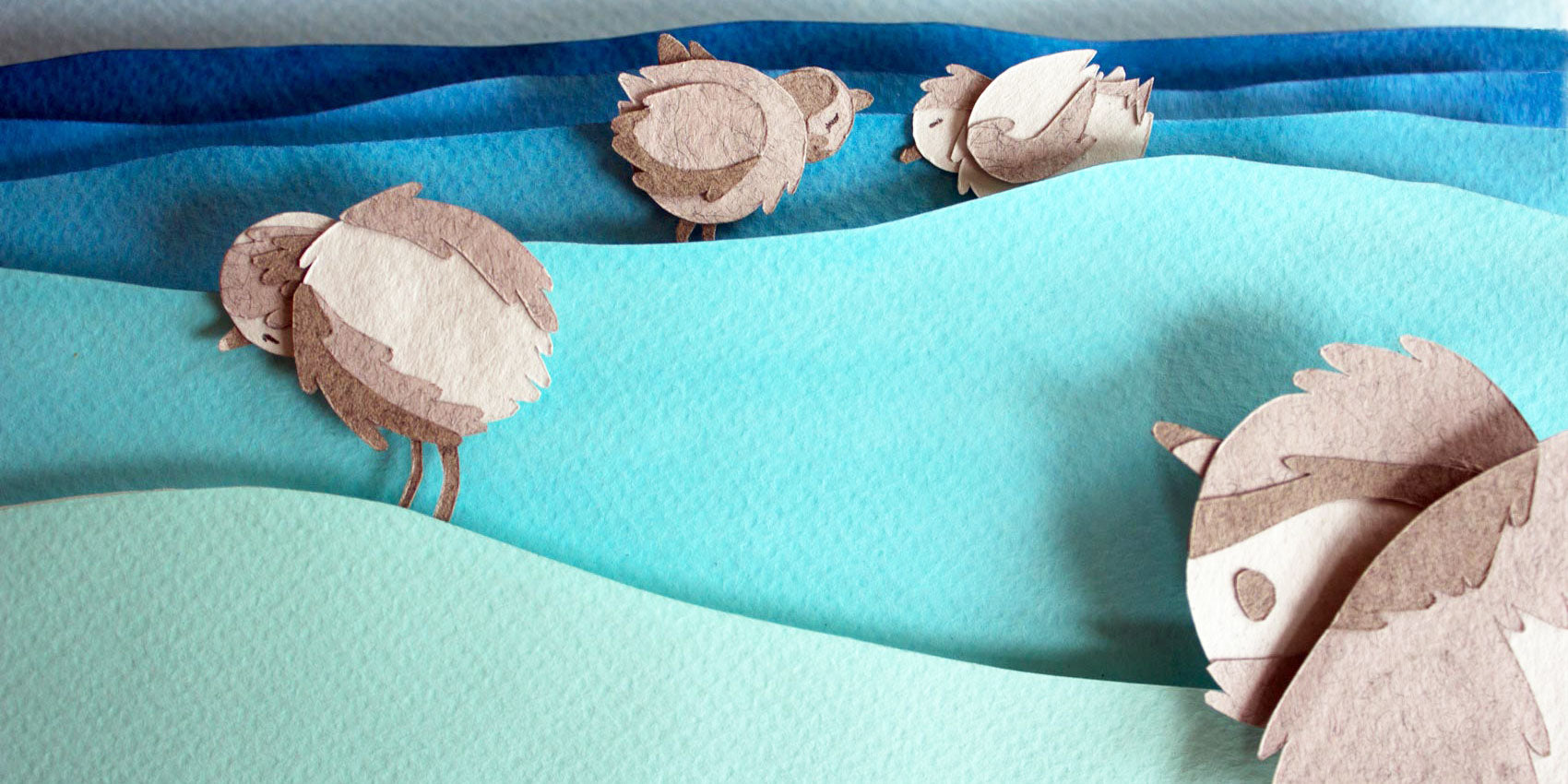 Archival print of cut paper illustration of cute piping plover birds in the ocean.