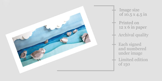 Archival print of cut paper illustration of cute piping plover birds in the ocean.