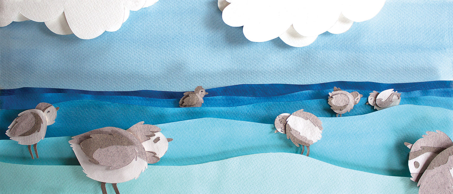 Archival print of cut paper illustration of cute piping plover birds in the ocean.