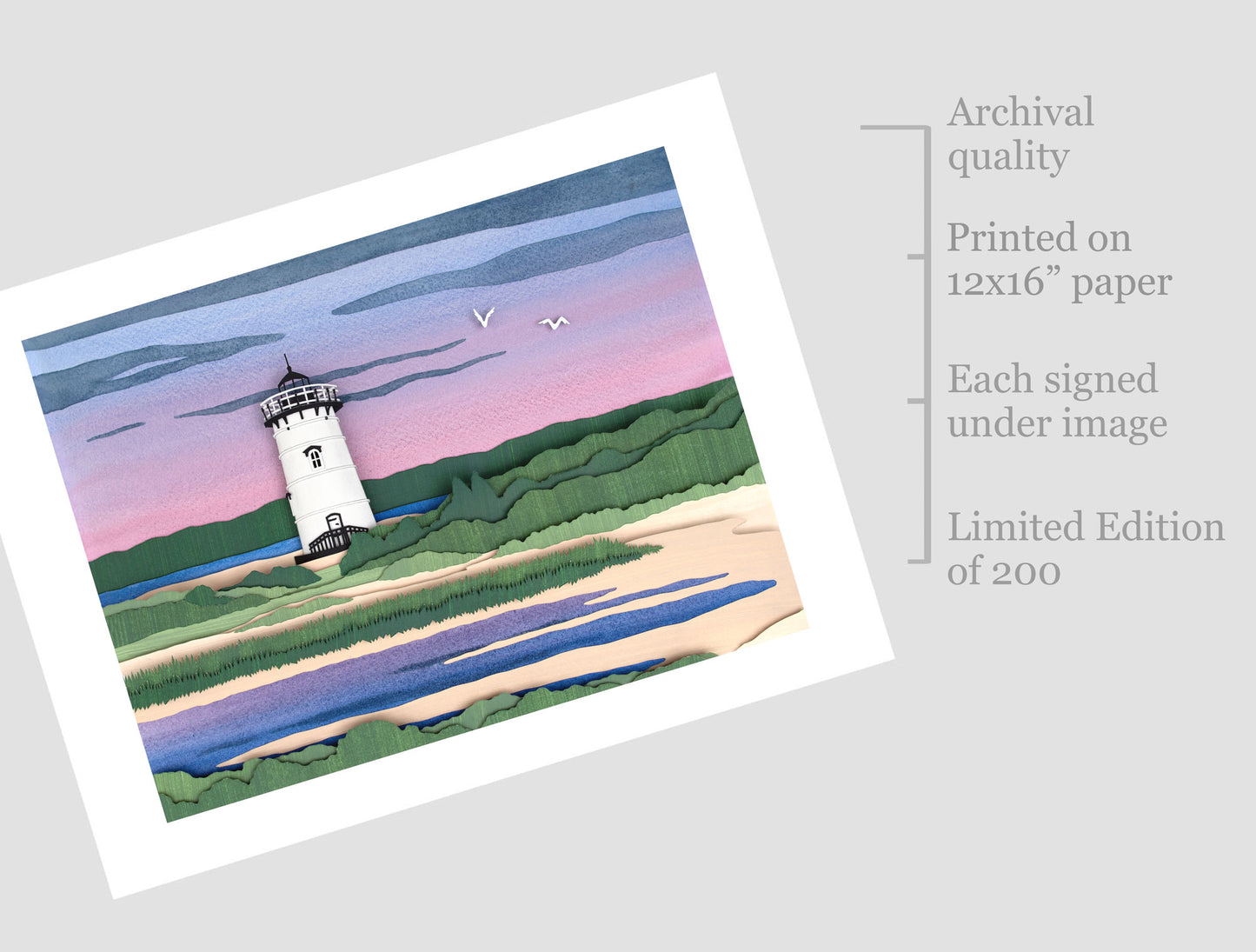 Archival print of cut paper illustration of the Edgartown Lighthouse at sunset on Martha's Vineyard.