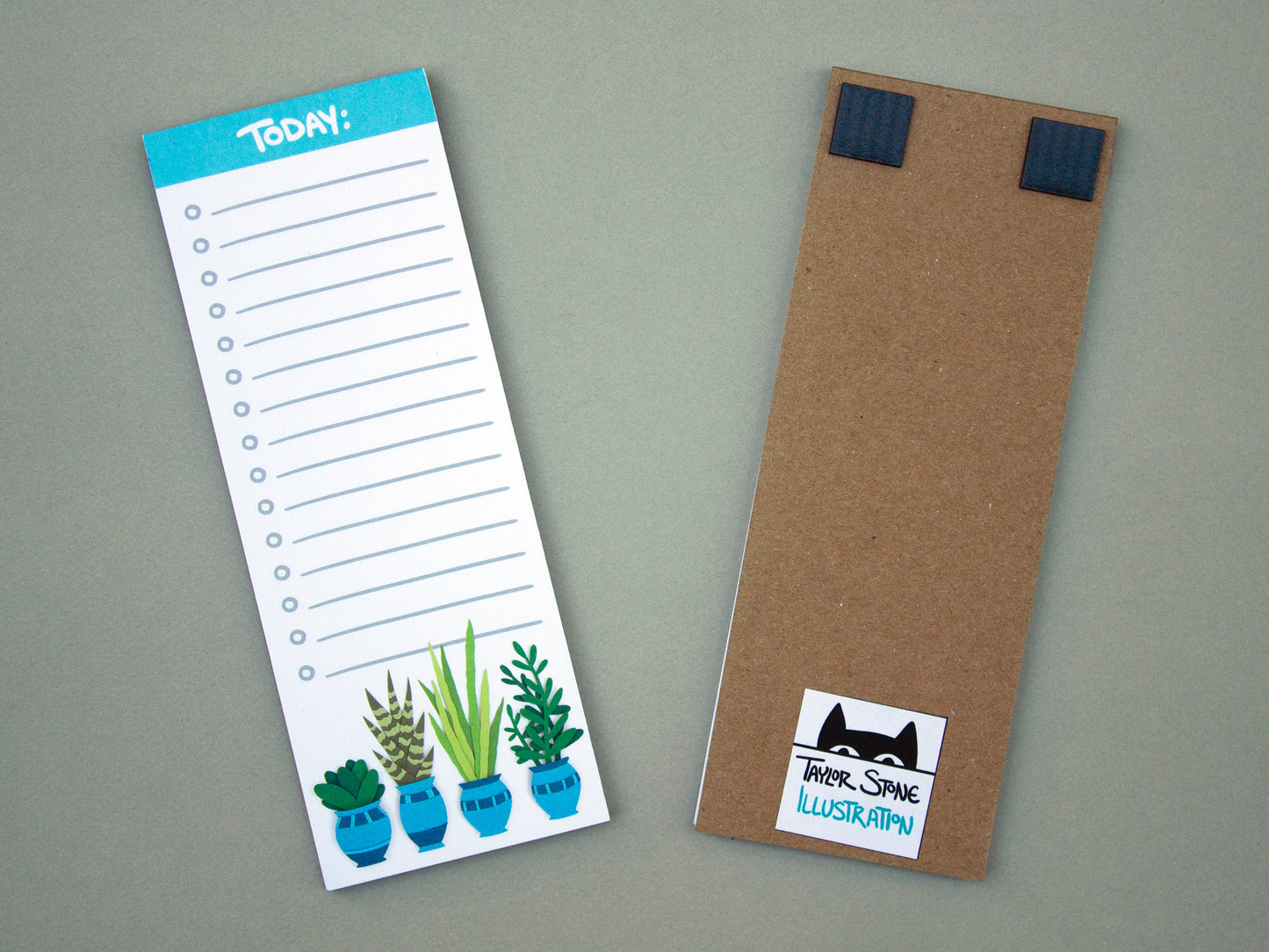 Cute notepad with cut paper illustration of plants and cacti in blue pots at the bottom