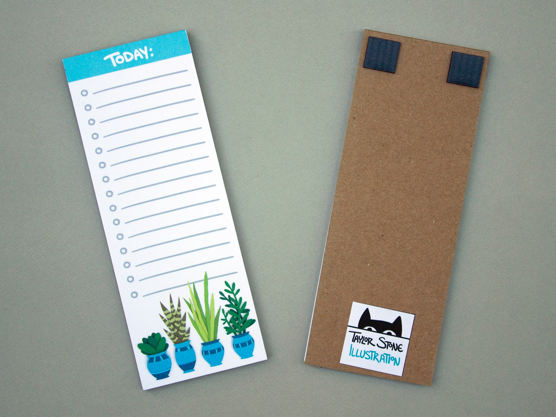 Cute notepad with cut paper illustration of plants and cacti in blue pots at the bottom