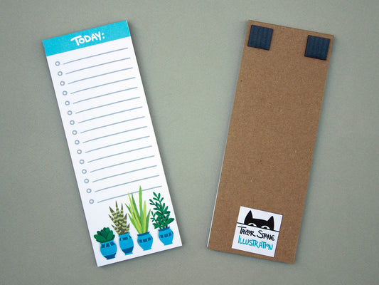 Cute notepad with cut paper illustration of plants and cacti in blue pots at the bottom