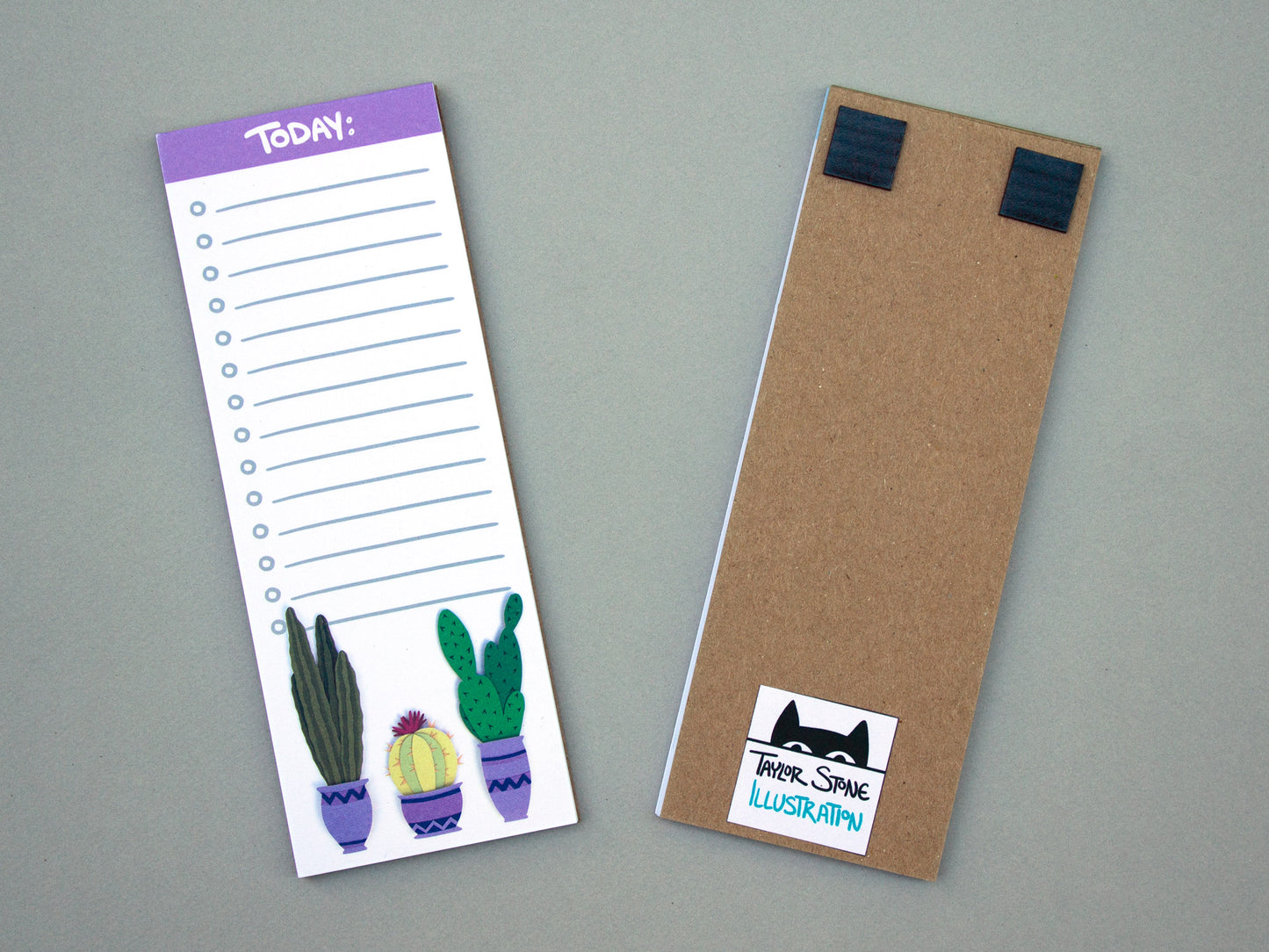 Cute notepad with cacti in purple pots at the bottom