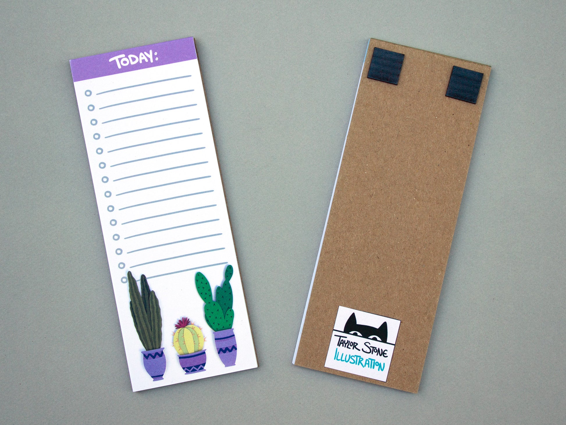 Cute notepad with cacti in purple pots at the bottom
